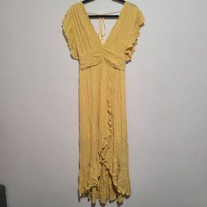 HWA Apparel Ruffle Trim V Neck Open Back Maxi Dress Size L Yellow